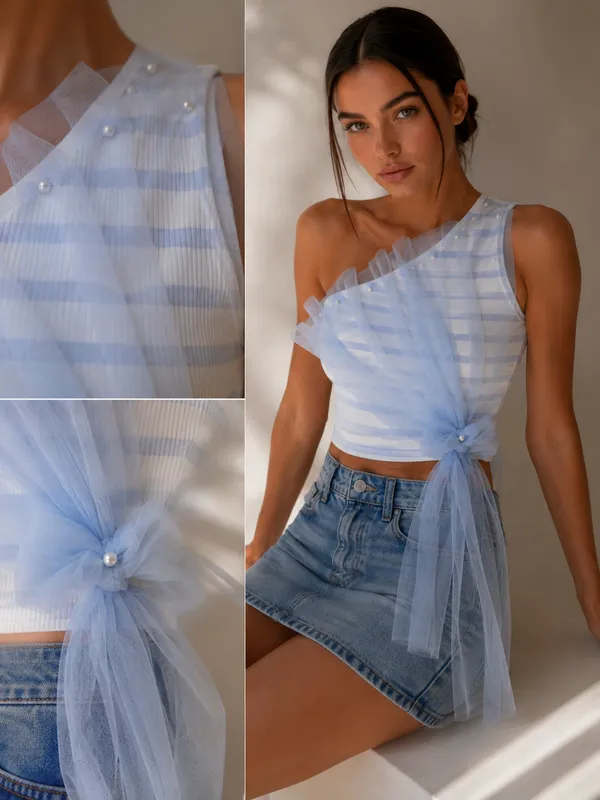 Seraphine_Blue_strip_Top_with_draped_design