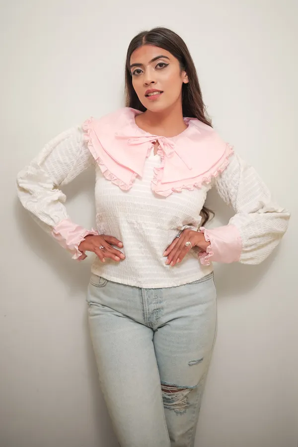 White_Baby_Pink_Rounded_Flat_Double_Collar_Top_For_Women