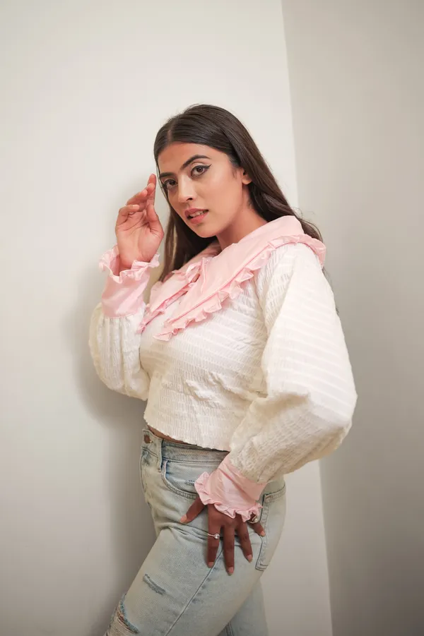 White_Baby_Pink_Rounded_Flat_Double_Collar_Top_For_Women