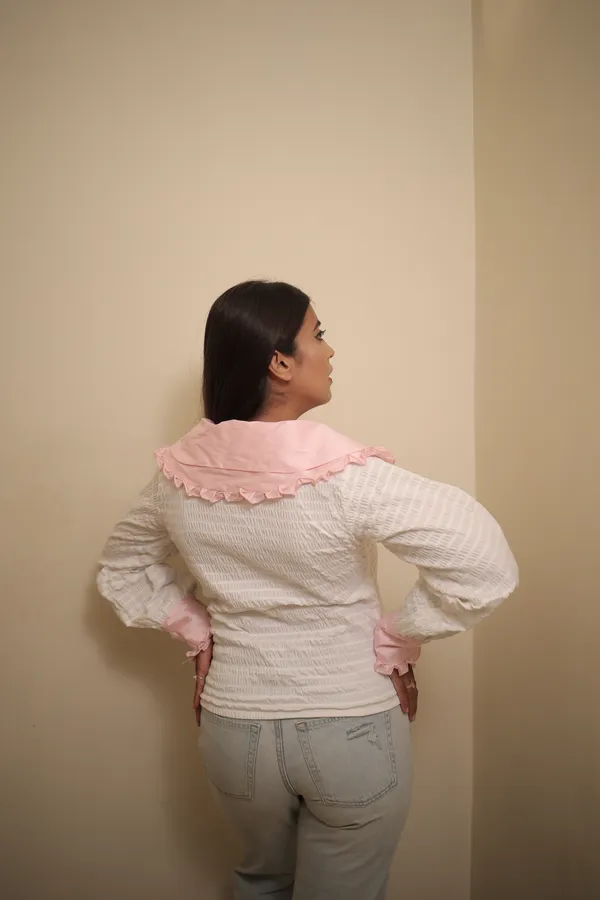 White_Baby_Pink_Rounded_Flat_Double_Collar_Top_For_Women