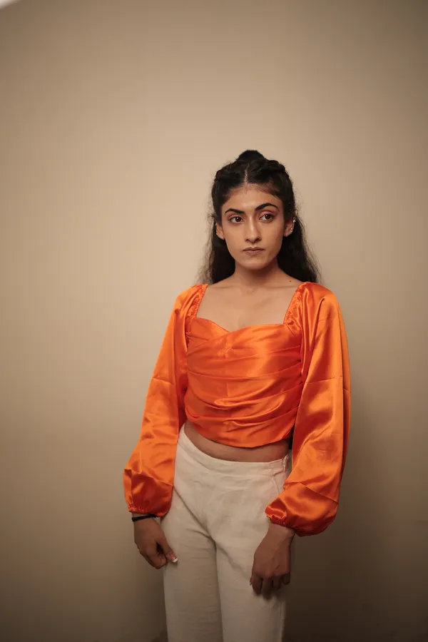 Orange_Satin_Crossover_Draped_Crop_Top_For_Women