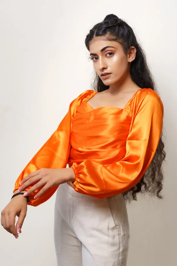 Orange_Satin_Crossover_Draped_Crop_Top_For_Women