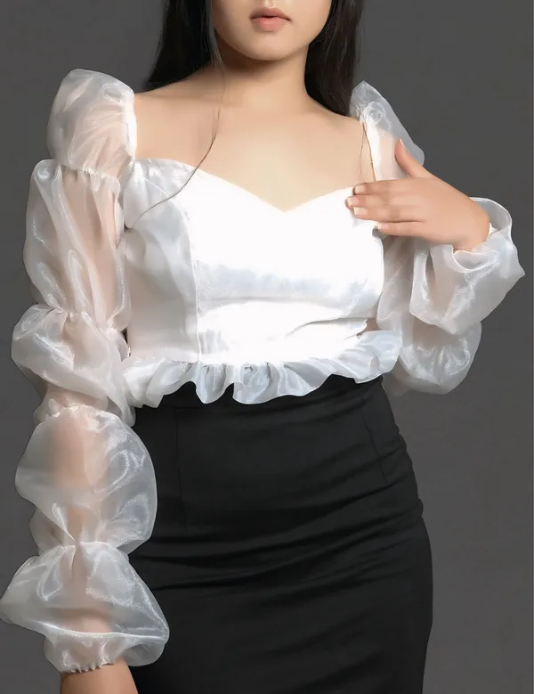 White_3_Step_Ballon_Sleeves_Crop_Top_For_Women