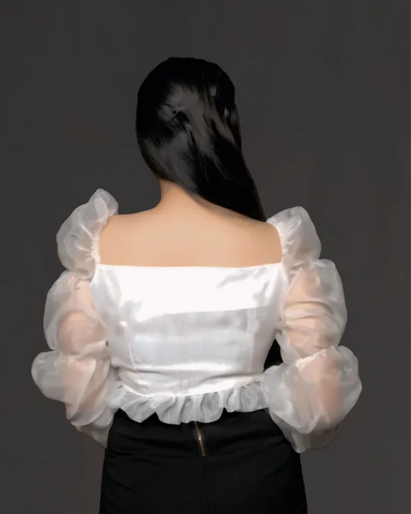 White_3_Step_Ballon_Sleeves_Crop_Top_For_Women