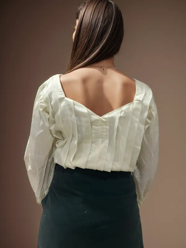 Mint_Green_And_White_Chanderi_Pleated_Top_With_Embossed_Leaf_For_Women