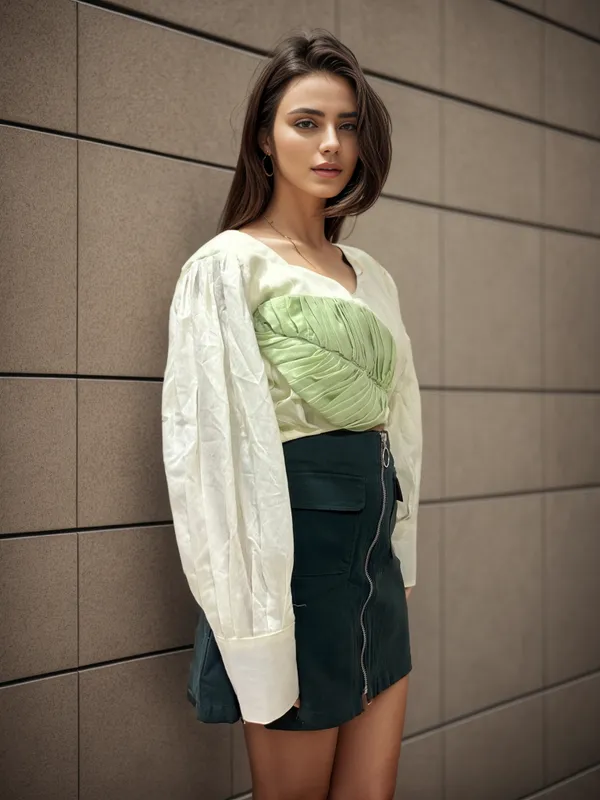 Mint_Green_And_White_Chanderi_Pleated_Top_With_Embossed_Leaf_For_Women