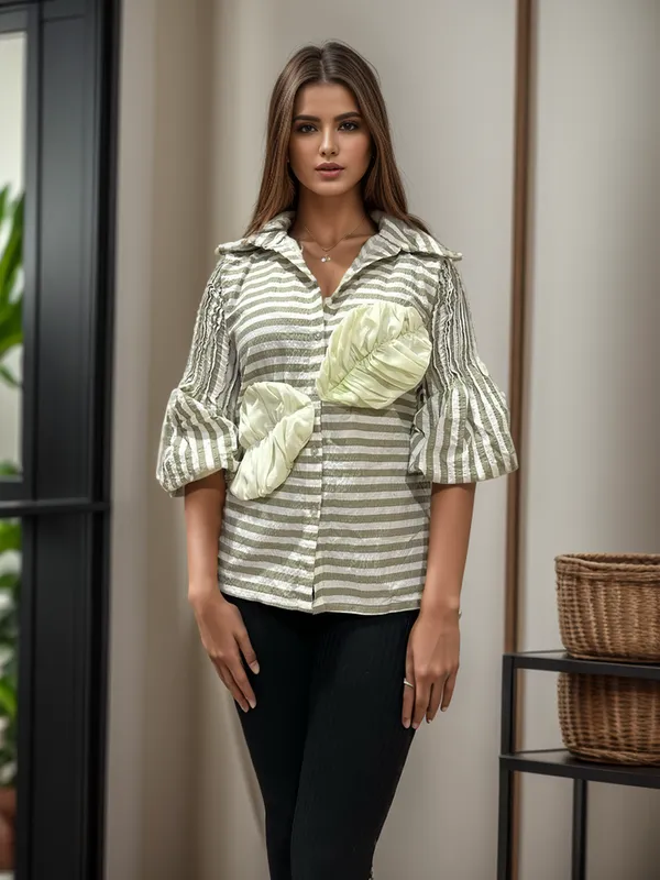 Trendy_Green_and_White_Stripe_Embossed_Leaf_Casual_Shirt_for_Women