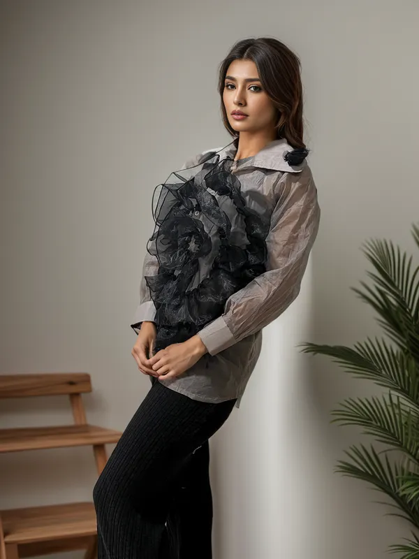 Grey_Shirt_With_Embossed_Applique_Black_Flower_For_Women
