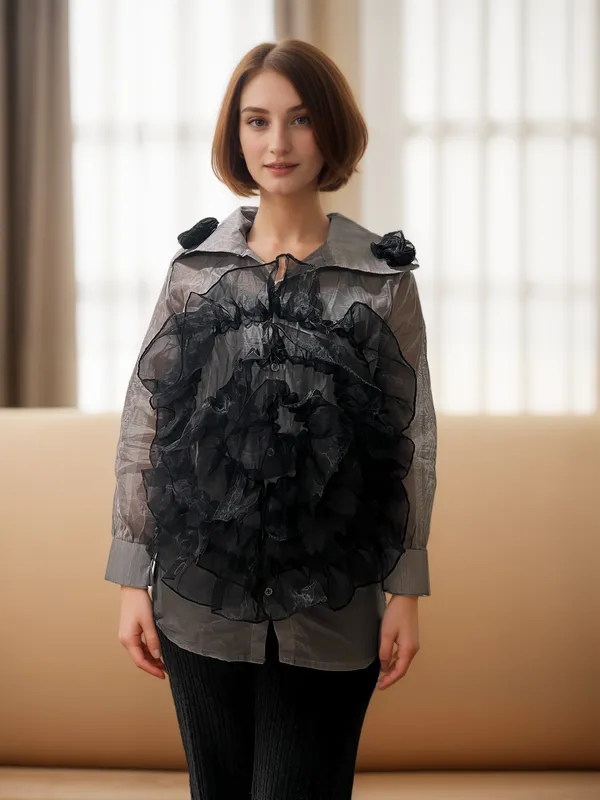 Grey_Shirt_With_Embossed_Applique_Black_Flower_For_Women