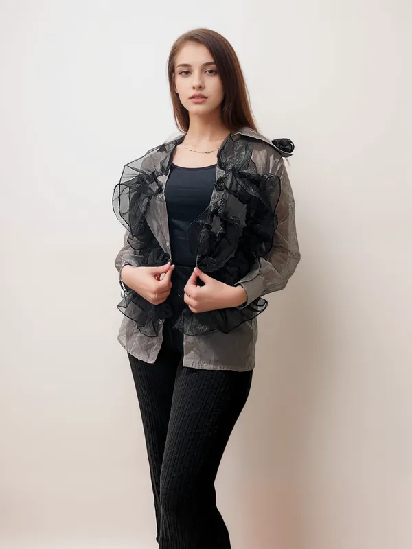 Grey_Shirt_With_Embossed_Applique_Black_Flower_For_Women