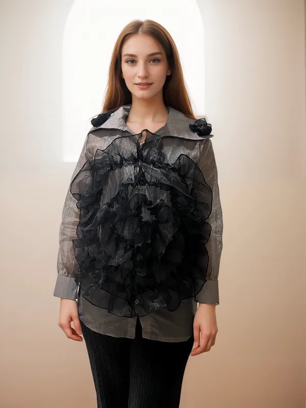 Grey_Shirt_With_Embossed_Applique_Black_Flower_For_Women