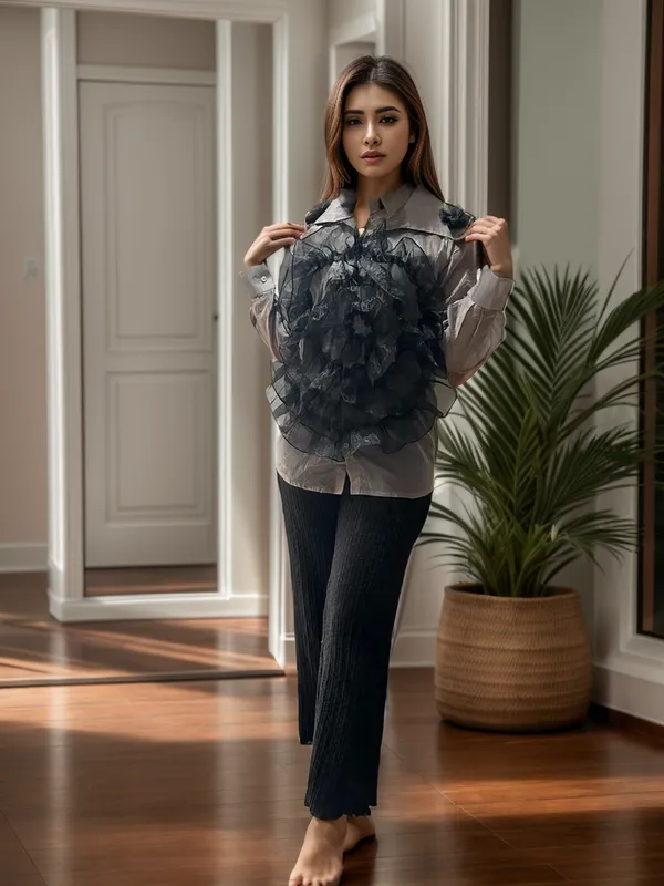 Grey_Shirt_With_Embossed_Applique_Black_Flower_For_Women