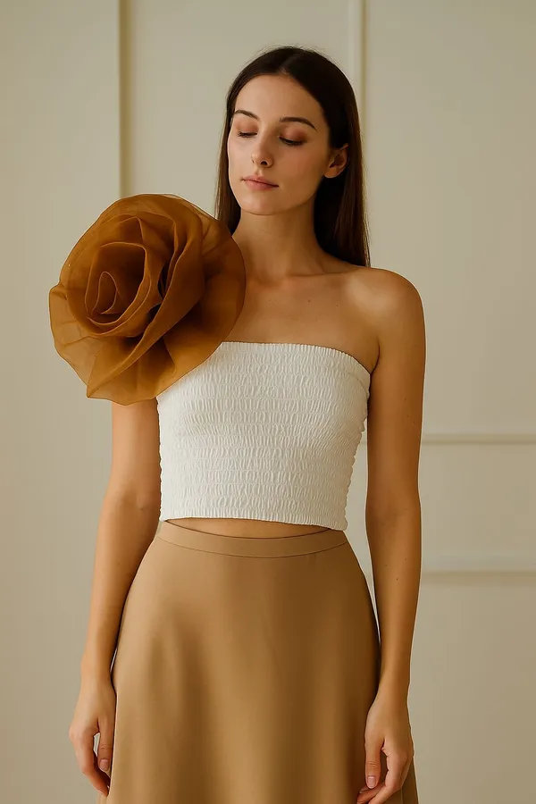 Walnut_And_White_Pure_Organza_Walnut_Colour_Flower_With_White_Crop_Top_For_Women