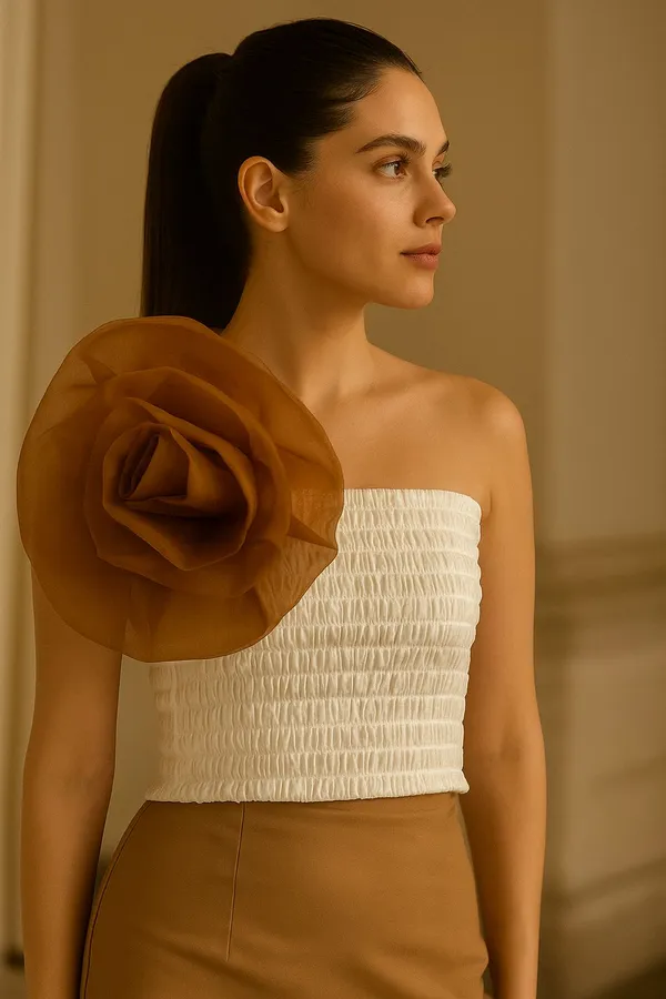 Walnut_And_White_Pure_Organza_Walnut_Colour_Flower_With_White_Crop_Top_For_Women