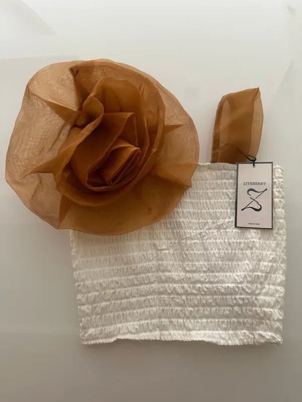 Walnut_And_White_Pure_Organza_Walnut_Colour_Flower_With_White_Crop_Top_For_Women