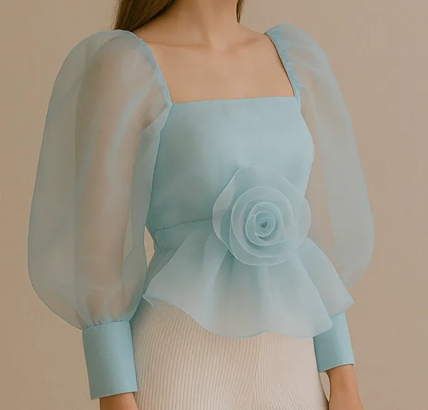 Ice_Blue_Flower_Applique_Long_Top_For_Women