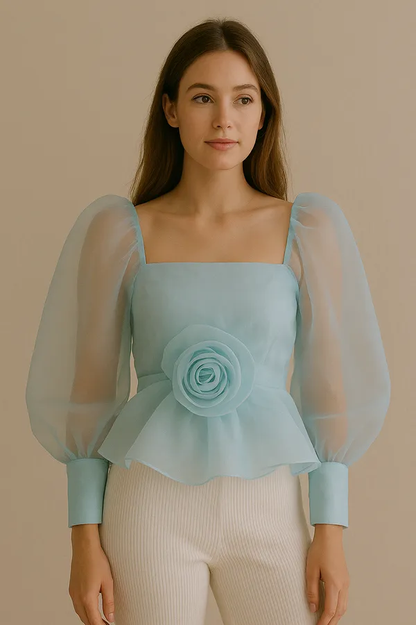 Ice_Blue_Flower_Applique_Long_Top_For_Women