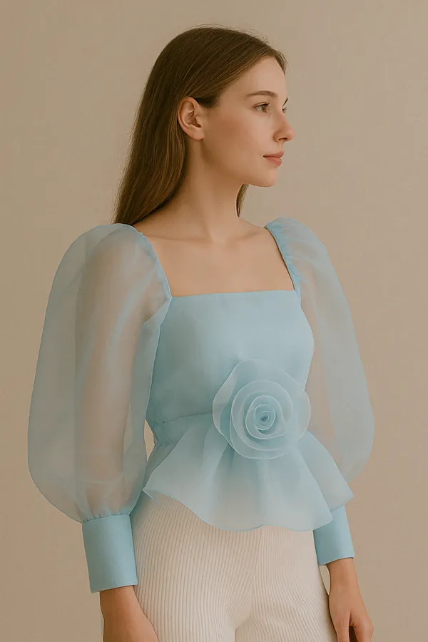 Ice_Blue_Flower_Applique_Long_Top_For_Women