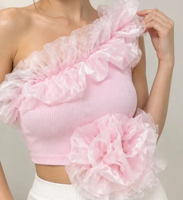 birthday_glow_pink_ruffle_ribbed_one_shoulder_top