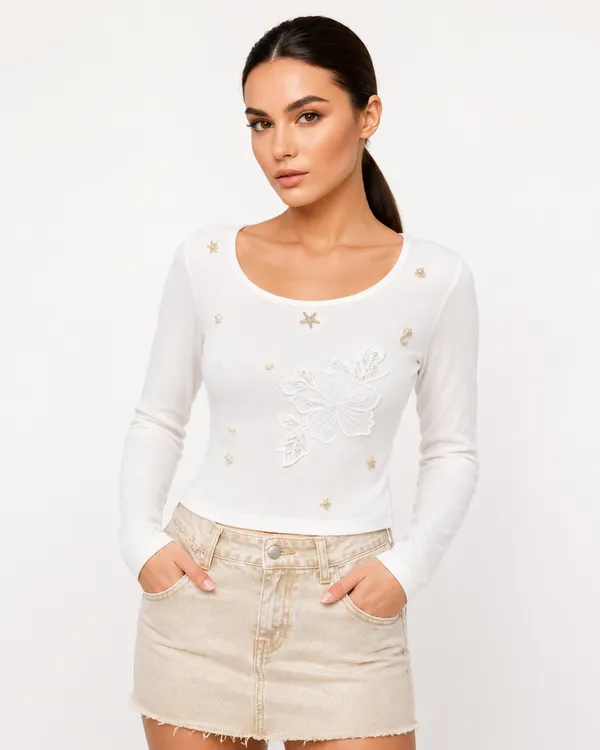 White_charms_with_hand_work_flower_crop_top