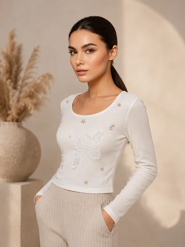 White_charms_with_hand_work_flower_crop_top