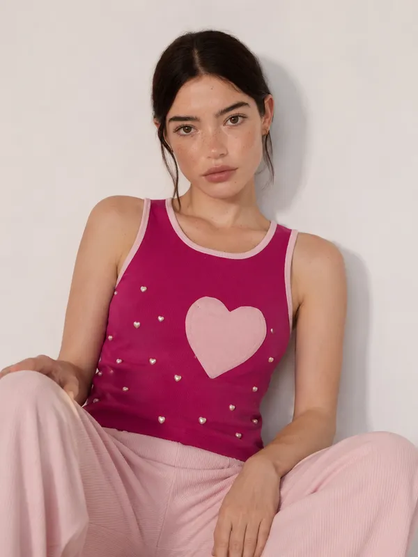 ziyeberry hot pink Sweetheart Pearl Ribbed Tank 💖 Price in India