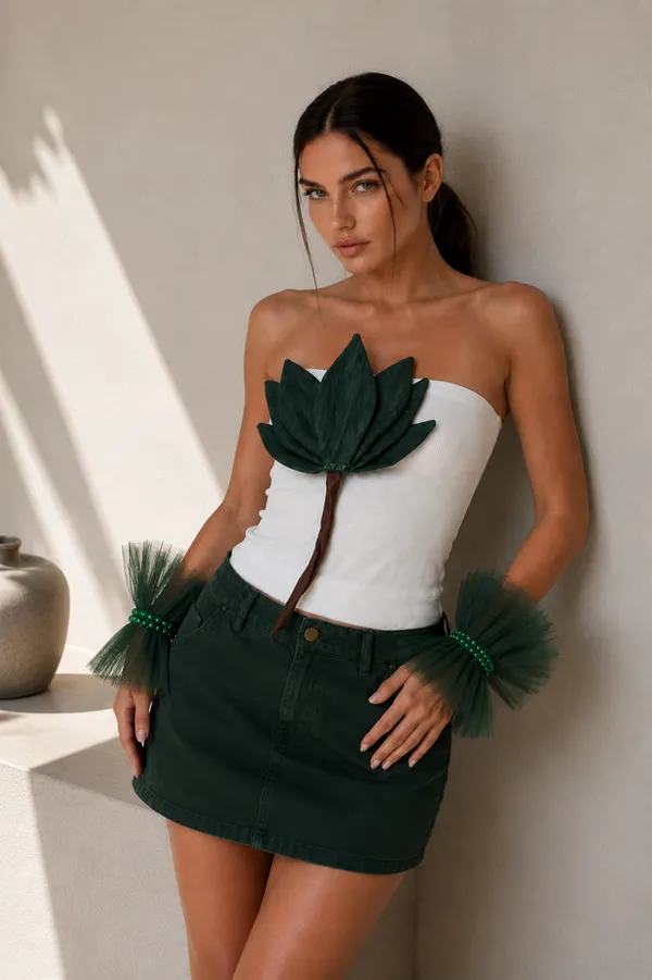 Emerald_Lotus_flower_embossed_white_Tube_Top_🌿_with_gloves