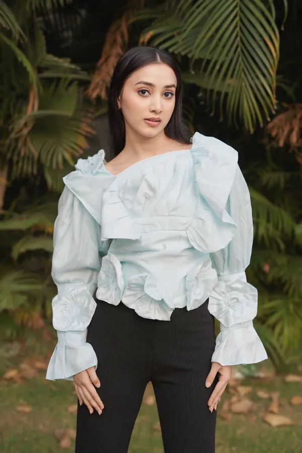 Trendy_Water_Blue_Embossed_Long_Sleeve_Top_for_Women