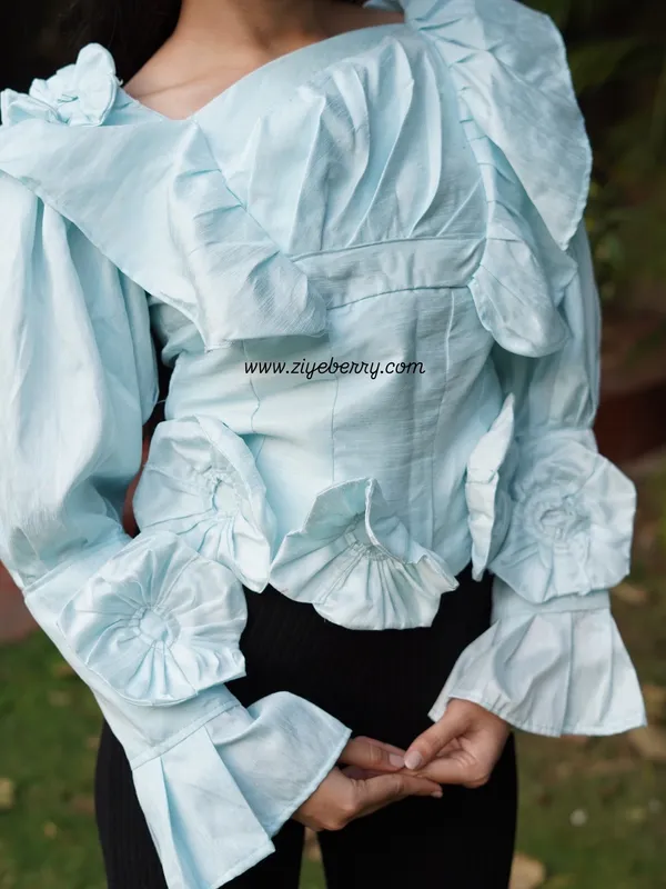 Trendy_Water_Blue_Embossed_Long_Sleeve_Top_for_Women