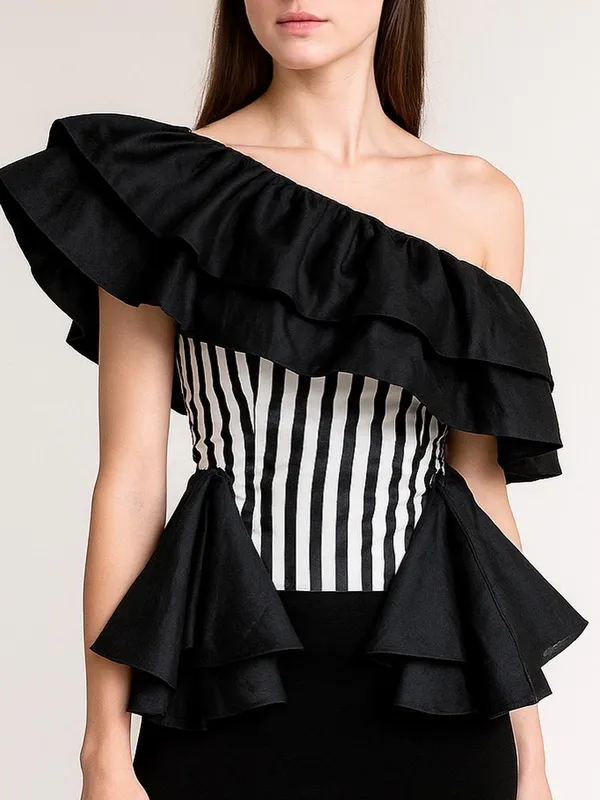Black_and_white_one_shoulder_ruffle_strip_crop_top