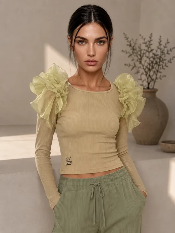 Olive_Color_Pure_Organza_Ribbed_Ruffle_Long_Sleeve_Top_For_Women