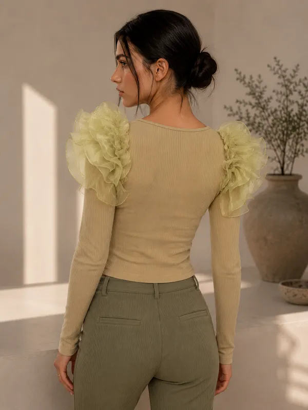 Olive_Color_Pure_Organza_Ribbed_Ruffle_Long_Sleeve_Top_For_Women