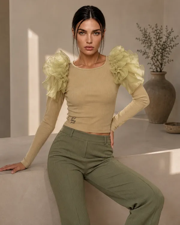 Olive_Color_Pure_Organza_Ribbed_Ruffle_Long_Sleeve_Top_For_Women