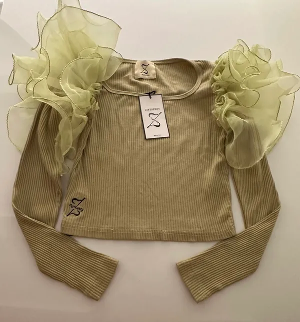 Olive_Color_Pure_Organza_Ribbed_Ruffle_Long_Sleeve_Top_For_Women