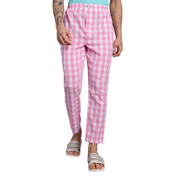 Minjar_Pure_Cotton_Plaid_Pajama_Pants,_Pink_and_White_Check_Pattern,_Elastic_Waist,_Regular_Fit,_Sleepwear_for_Men