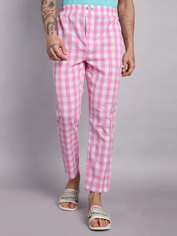 Minjar_Pure_Cotton_Plaid_Pajama_Pants,_Pink_and_White_Check_Pattern,_Elastic_Waist,_Regular_Fit,_Sleepwear_for_Men