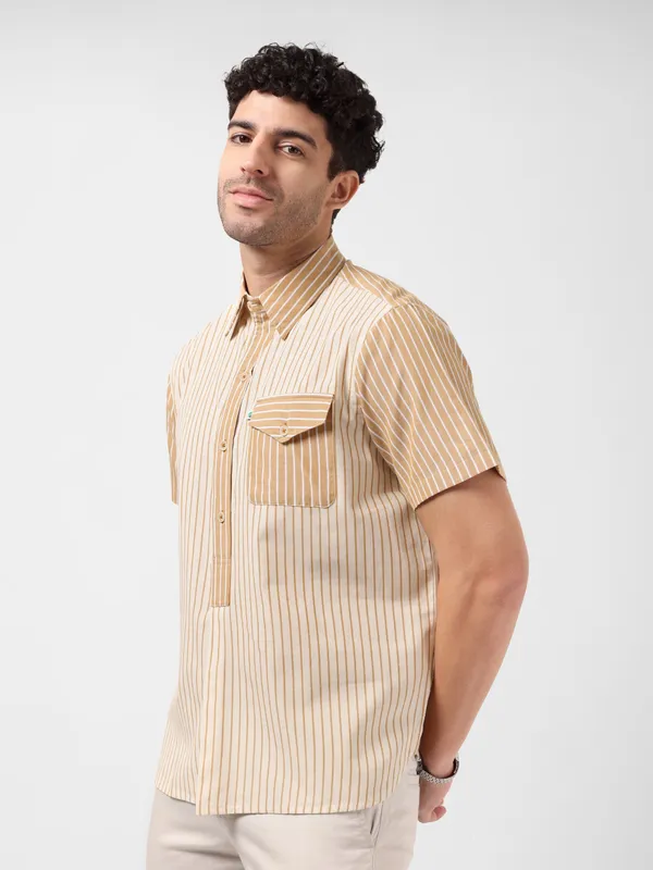 MINJAR_Men’s_Cotton_Beige_Striped_Kurta_Shirt_|_Breathable_Fabric_|_Relaxed_Fit_|_Modern_Ethnic_Casual_Wear_(Beige_Stripe)