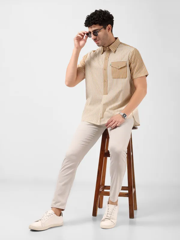 MINJAR_Men’s_Cotton_Beige_Striped_Kurta_Shirt_|_Breathable_Fabric_|_Relaxed_Fit_|_Modern_Ethnic_Casual_Wear_(Beige_Stripe)