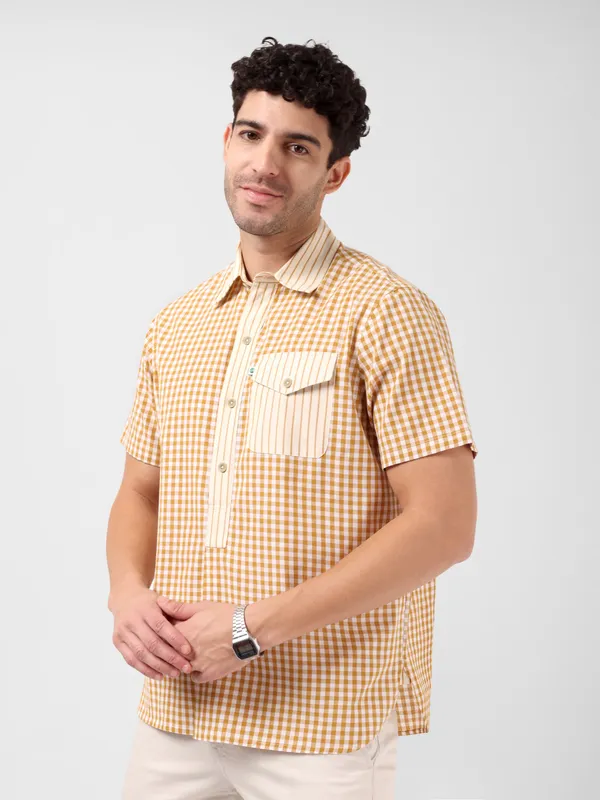 MINJAR_Men’s_Cotton_Check_Kurta_Shirt_|_Breathable_Lightweight_Fabric_|_Relaxed_Fit_|_Modern_Ethnic_Casual_Wear_(Mustard_Check)