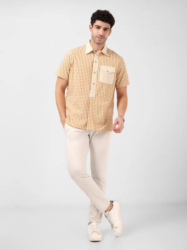 MINJAR_Men’s_Cotton_Check_Kurta_Shirt_|_Breathable_Lightweight_Fabric_|_Relaxed_Fit_|_Modern_Ethnic_Casual_Wear_(Mustard_Check)