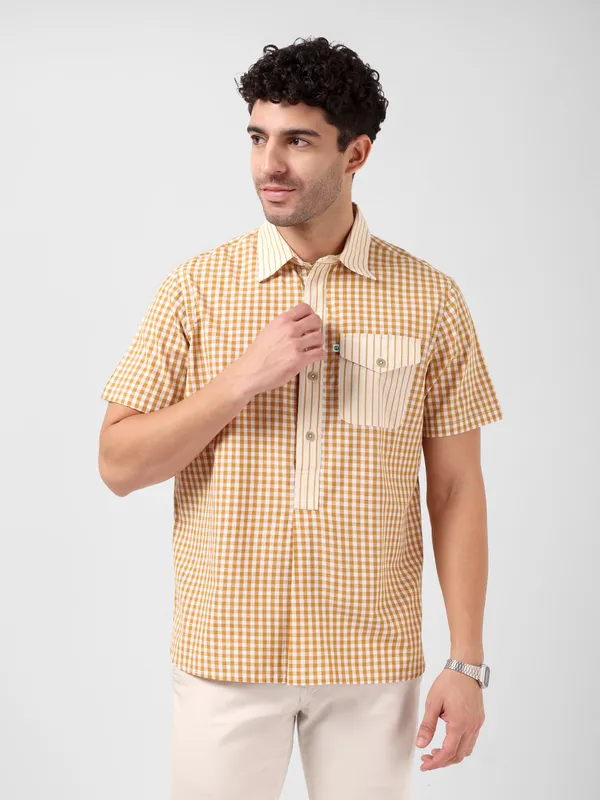 MINJAR_Men’s_Cotton_Check_Kurta_Shirt_|_Breathable_Lightweight_Fabric_|_Relaxed_Fit_|_Modern_Ethnic_Casual_Wear_(Mustard_Check)