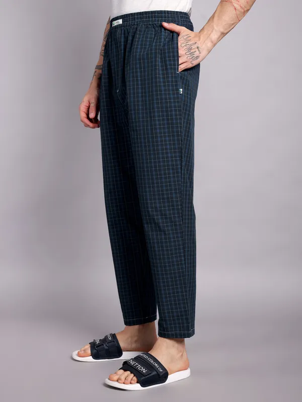 Mens_Check_Pure_Cotton_Pajama_Pants,_Navy_Blue,_Elastic_Waist,_Casual_Loungewear