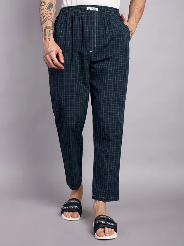 Mens_Check_Pure_Cotton_Pajama_Pants,_Navy_Blue,_Elastic_Waist,_Casual_Loungewear