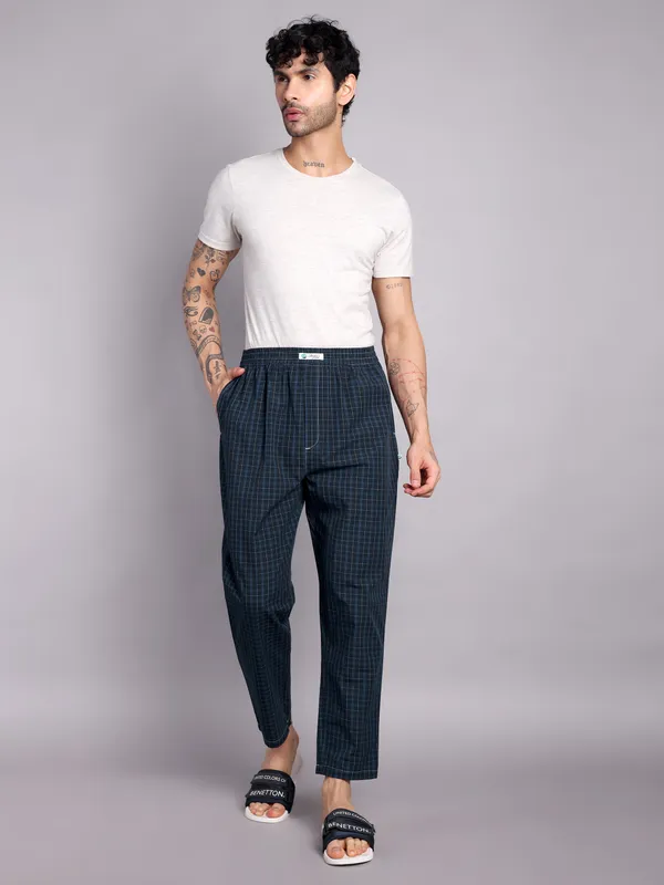 Mens_Check_Pure_Cotton_Pajama_Pants,_Navy_Blue,_Elastic_Waist,_Casual_Loungewear