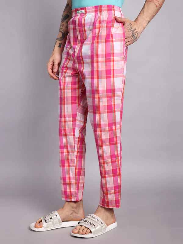 Minjar_Pure_Cotton_Plaid_Pajama_Pants,_Pink_and_White_Check_Pattern,_Elastic_Waist,_Regular_Fit
