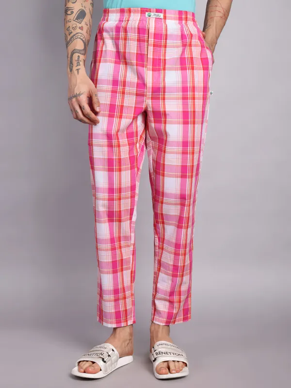 Minjar_Pure_Cotton_Plaid_Pajama_Pants,_Pink_and_White_Check_Pattern,_Elastic_Waist,_Regular_Fit