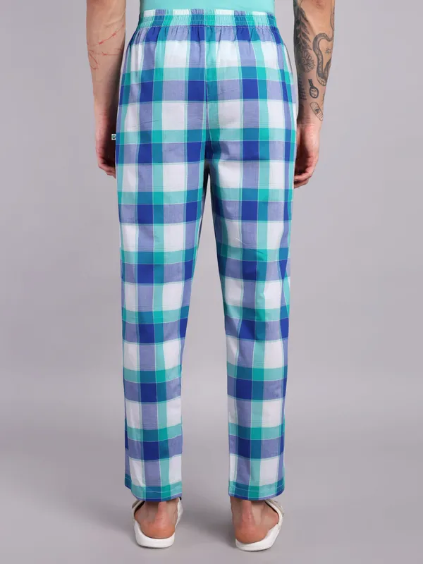 Plaid_Pure_Cotton_Pajama_Pants,_Blue_and_Turquoise_Check_Pattern,_Elastic_Waistband,_Casual_Loungewear