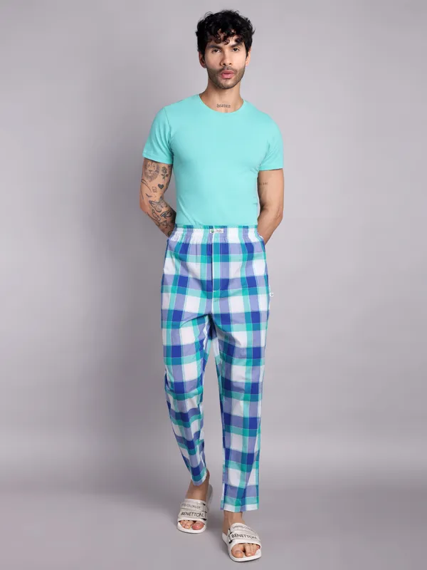 Plaid_Pure_Cotton_Pajama_Pants,_Blue_and_Turquoise_Check_Pattern,_Elastic_Waistband,_Casual_Loungewear