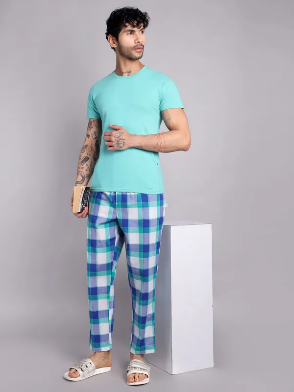 Plaid_Pure_Cotton_Pajama_Pants,_Blue_and_Turquoise_Check_Pattern,_Elastic_Waistband,_Casual_Loungewear