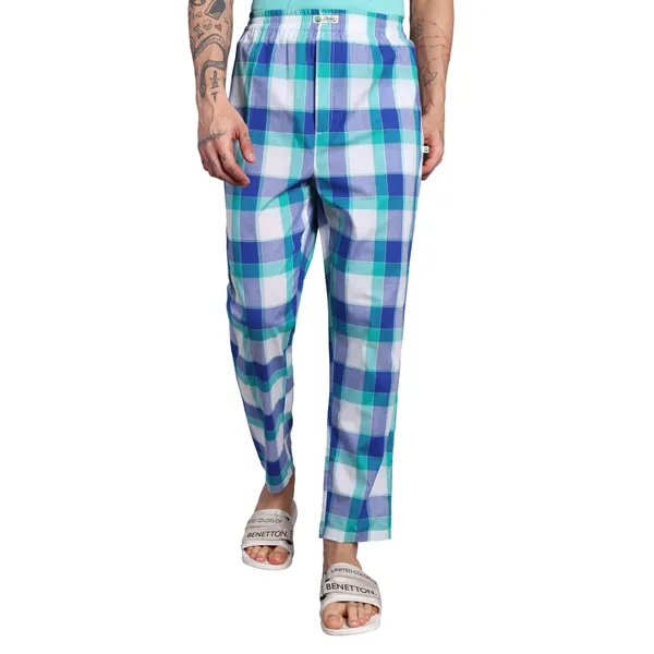 Plaid_Pure_Cotton_Pajama_Pants,_Blue_and_Turquoise_Check_Pattern,_Elastic_Waistband,_Casual_Loungewear